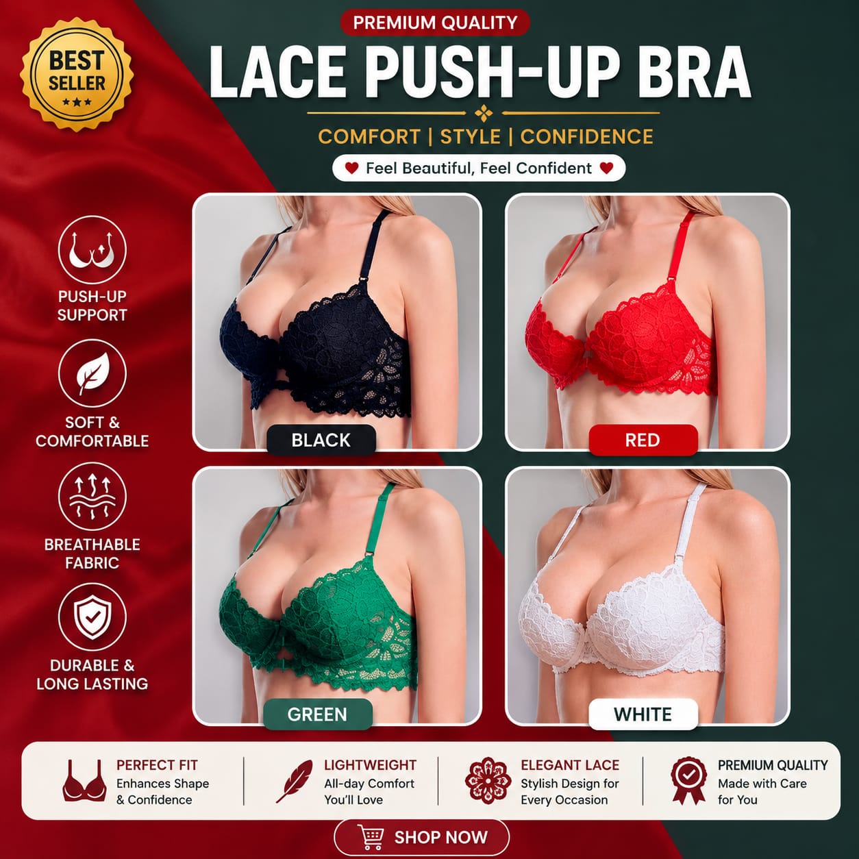 Luxora Premium Lace Push-Up Bra – 4 Pcs (4 Colours) Style • Comfort • Confidence