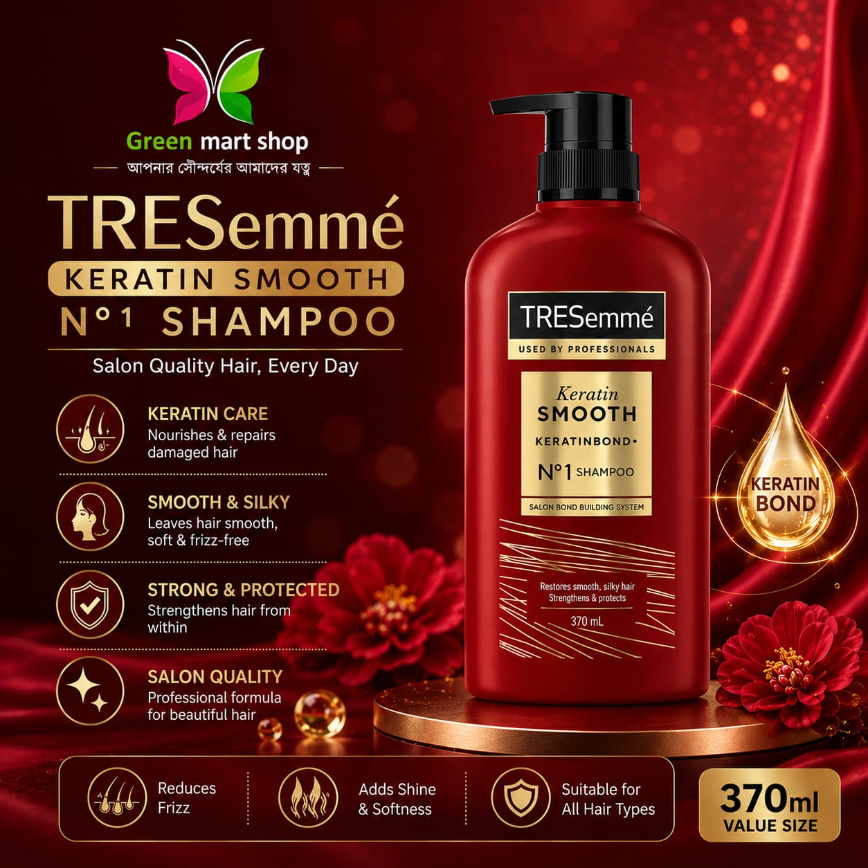 TRESemmé Keratin Smooth Shampoo 370ml | Original Thailand Imported | Keratin Bond Hair Repair Shampoo